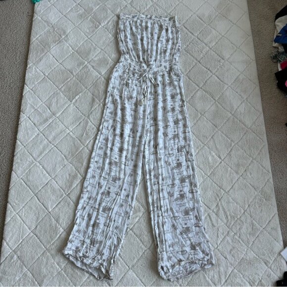 Aerie | Cream and Tan Palm Print Sleeveless Jumpsuit | Size Small - Picture 2 of 15